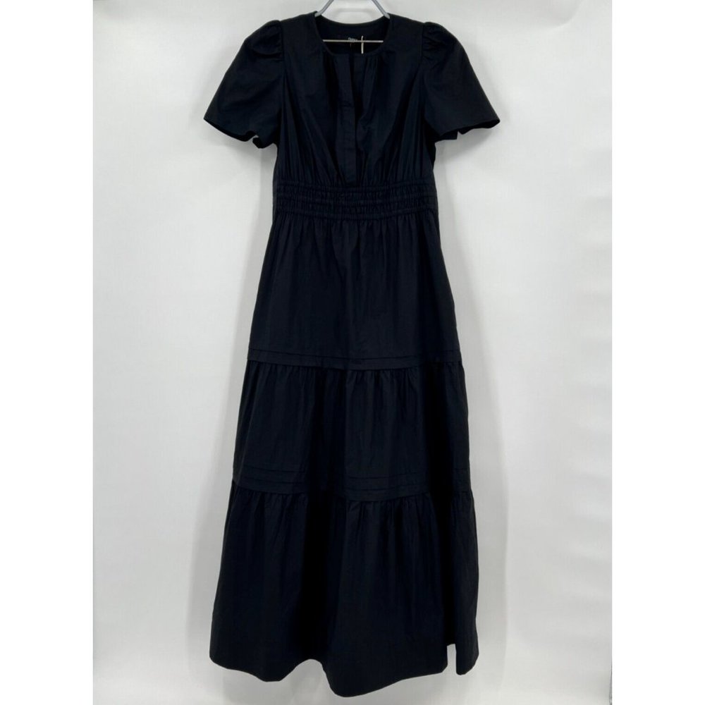 Quince Black Organic Cotton Tiered Maxi Dress sz XS Womens Pockets Poplin Fabric - Picture 2 of 7